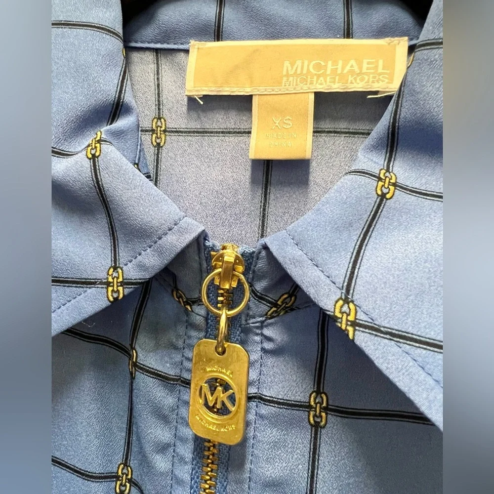 Michael Kors Blue Grid Print Zipper-Down Shirt - Picture 3 of 5